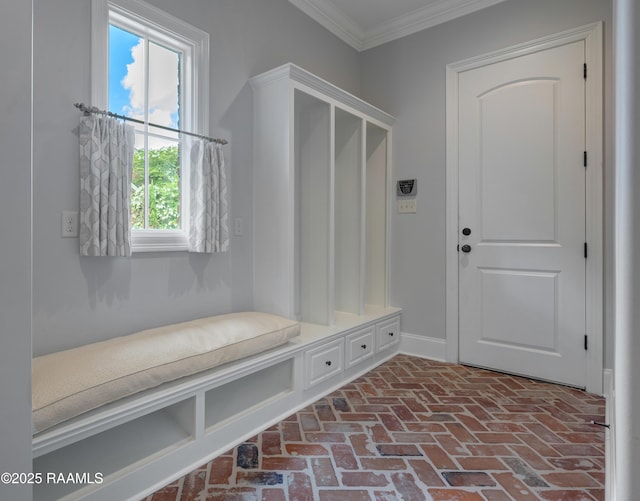 506 Terrell Ct, New Iberia, LA 70563 - mudroom with crown molding and brick flooring