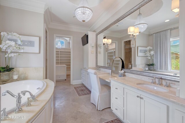 506 Terrell Ct, New Iberia, LA 70563 - full bathroom featuring a chandelier, vanity, crown molding, a garden tub, and a spacious closet