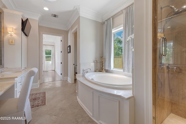 506 Terrell Ct, New Iberia, LA 70563 - bathroom with a bath, a shower stall, vanity, and ornamental molding