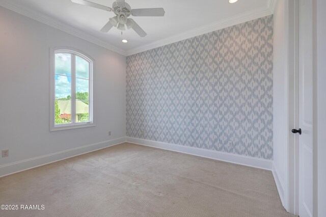 506 Terrell Ct, New Iberia, LA 70563 - empty room featuring wallpapered walls, crown molding, light colored carpet, a ceiling fan, and recessed lighting