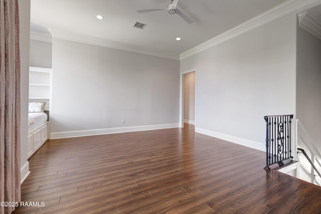 506 Terrell Ct, New Iberia, LA 70563 - unfurnished living room featuring ceiling fan, crown molding, dark wood-type flooring, and recessed lighting