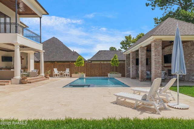 506 Terrell Ct, New Iberia, LA 70563 - view of swimming pool featuring a ceiling fan, a fenced backyard, a patio, and a gazebo
