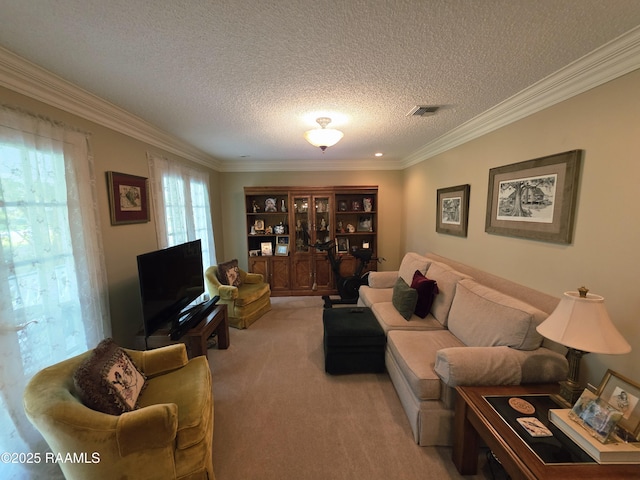 104 Running Deer Dr, Lafayette, LA 70503 - living room featuring light colored carpet, ornamental molding, and a textured ceiling