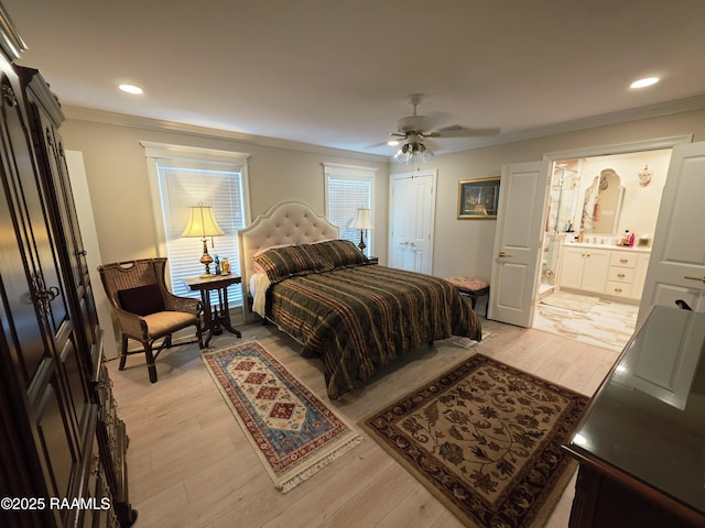 104 Running Deer Dr, Lafayette, LA 70503 - bedroom featuring ornamental molding, light wood finished floors, recessed lighting, connected bathroom, and a ceiling fan