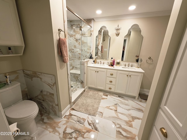 104 Running Deer Dr, Lafayette, LA 70503 - bathroom featuring a marble finish shower, double vanity, marble finish flooring, ornamental molding, and recessed lighting