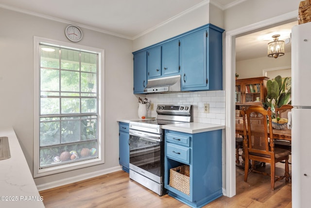 40 Hidden Hills Rd, Arnaudville, LA 70512 - kitchen featuring stainless steel electric range, blue cabinets, under cabinet range hood, backsplash, and ornamental molding