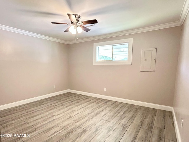 104 E Coleman St, Opelousas, LA 70570 - spare room featuring light wood finished floors, ceiling fan, crown molding, and electric panel