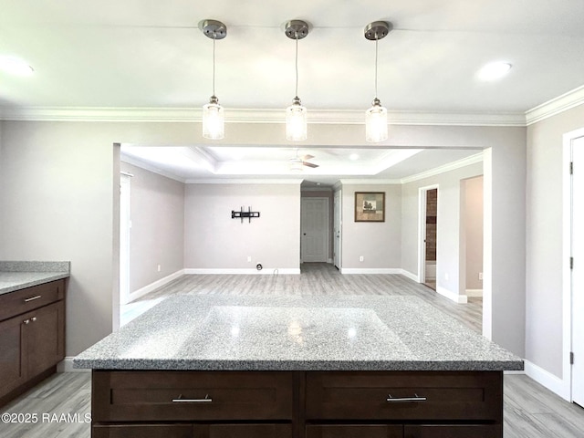 104 E Coleman St, Opelousas, LA 70570 - kitchen with crown molding, dark brown cabinetry, light wood-style floors, hanging light fixtures, and a kitchen island