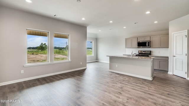 322 White Pine Dr, Lafayette, LA 70501 - kitchen featuring stainless steel appliances, gray cabinetry, recessed lighting, dark wood-type flooring, and a center island with sink