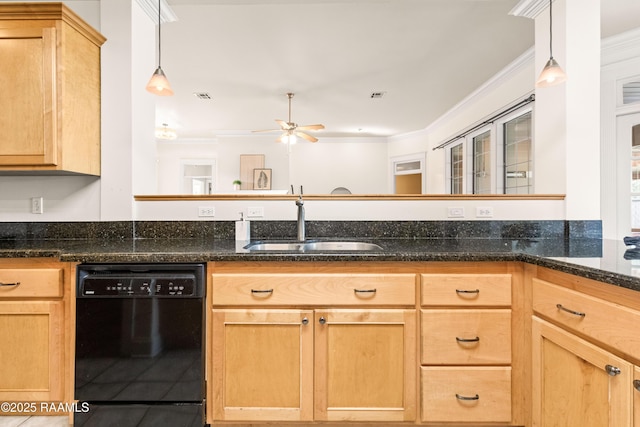 105 Clear Lake Dr, Lafayette, LA 70506 - kitchen with dishwasher, ornamental molding, a ceiling fan, dark stone counters, and light brown cabinets