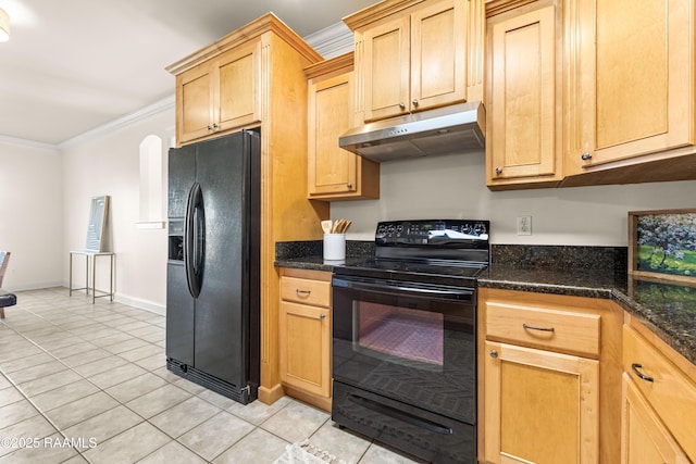 105 Clear Lake Dr, Lafayette, LA 70506 - kitchen with black appliances, under cabinet range hood, ornamental molding, light tile patterned flooring, and light brown cabinetry