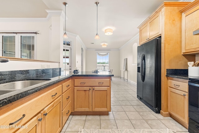 105 Clear Lake Dr, Lafayette, LA 70506 - kitchen featuring black fridge, crown molding, light tile patterned flooring, range, and decorative light fixtures