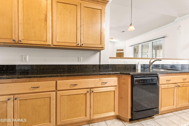 105 Clear Lake Dr, Lafayette, LA 70506 - kitchen featuring black dishwasher, light tile patterned flooring, ornamental molding, dark stone counters, and decorative light fixtures