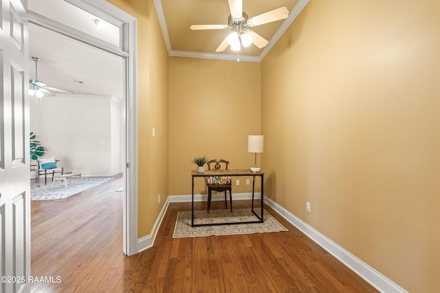 105 Clear Lake Dr, Lafayette, LA 70506 - home office with a ceiling fan, wood finished floors, and ornamental molding