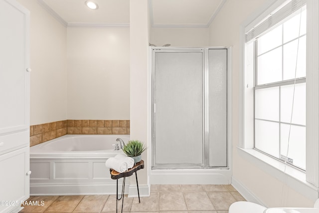 105 Clear Lake Dr, Lafayette, LA 70506 - full bath with a stall shower, a bath, crown molding, and tile patterned flooring