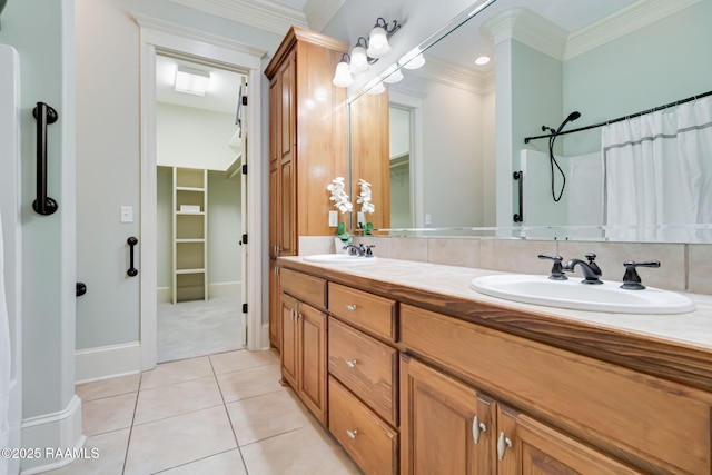 100 Serenity Sound Dr, Lafayette, LA 70506 - full bathroom with double vanity, crown molding, tile patterned flooring, a walk in closet, and a shower with shower curtain