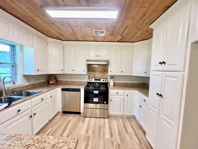 5501 Northside Rd, New Iberia, LA 70563 - kitchen with appliances with stainless steel finishes, wood ceiling, under cabinet range hood, light wood-style flooring, and white cabinetry