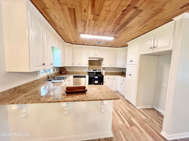 5501 Northside Rd, New Iberia, LA 70563 - kitchen featuring black range with electric stovetop, wooden ceiling, a peninsula, under cabinet range hood, and light stone countertops