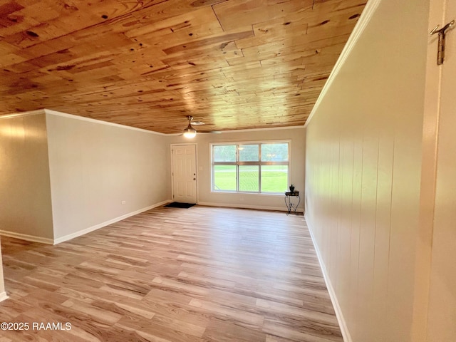 5501 Northside Rd, New Iberia, LA 70563 - empty room featuring wood ceiling, ornamental molding, light wood finished floors, and a ceiling fan