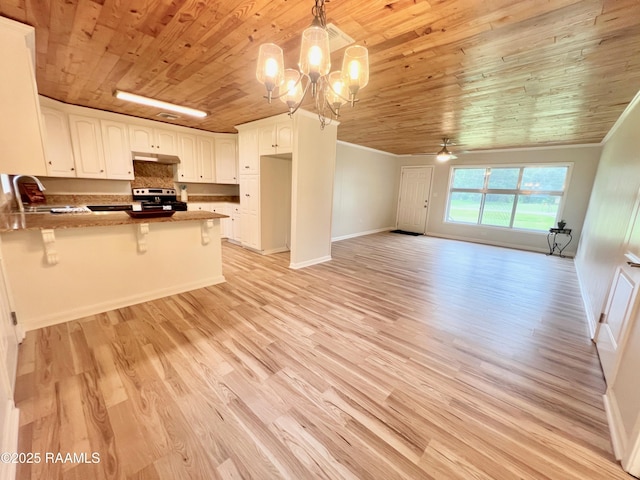 5501 Northside Rd, New Iberia, LA 70563 - kitchen featuring wood ceiling, electric range, a peninsula, open floor plan, and a chandelier