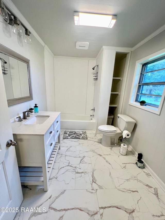 5501 Northside Rd, New Iberia, LA 70563 - full bathroom featuring vanity, shower / bath combination, marble finish floors, crown molding, and built in features
