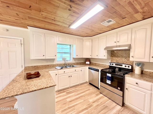 5501 Northside Rd, New Iberia, LA 70563 - kitchen with stainless steel appliances, under cabinet range hood, wood ceiling, light wood finished floors, and a peninsula