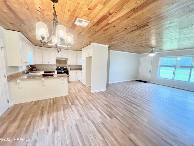 5501 Northside Rd, New Iberia, LA 70563 - kitchen with range with electric cooktop, a chandelier, open floor plan, wooden ceiling, and a peninsula