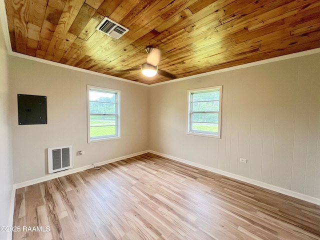 5501 Northside Rd, New Iberia, LA 70563 - spare room with wood ceiling, electric panel, crown molding, light wood-style floors, and a ceiling fan