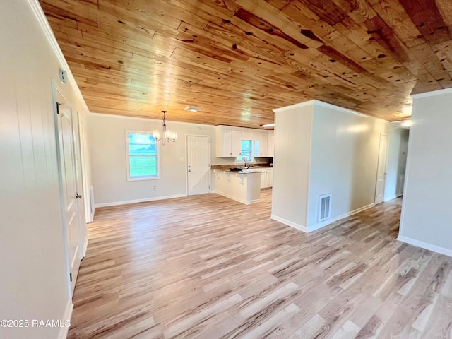 5501 Northside Rd, New Iberia, LA 70563 - unfurnished living room with a chandelier, wooden ceiling, ornamental molding, and light wood-style flooring