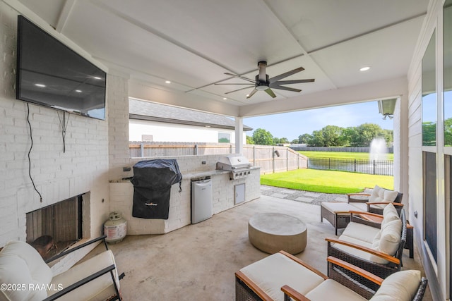 127 Lakes Edge Dr, Broussard, LA 70518 - fenced backyard with a water view, area for grilling, a ceiling fan, a patio area, and an outdoor living space