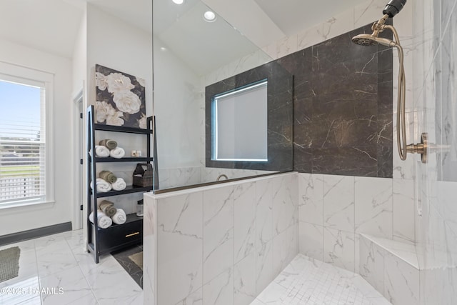 127 Lakes Edge Dr, Broussard, LA 70518 - full bath featuring a marble finish shower, marble finish floors, and recessed lighting