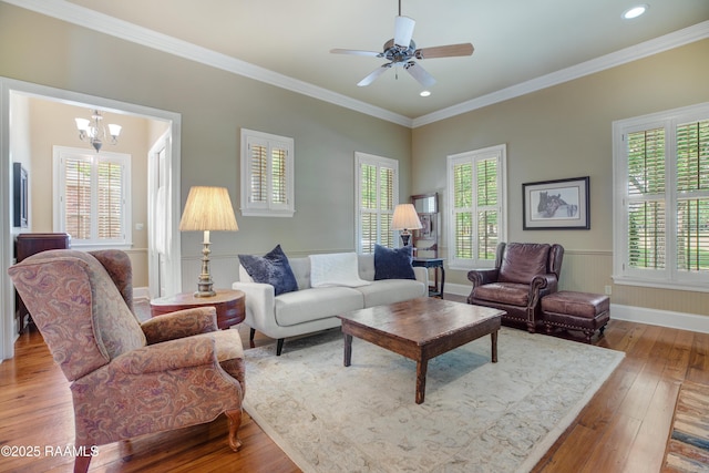 302 River Ranch Blvd, Lafayette, LA 70508 - living area featuring wood-type flooring, healthy amount of natural light, a chandelier, crown molding, and recessed lighting