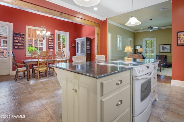 302 River Ranch Blvd, Lafayette, LA 70508 - kitchen with electric range, ornamental molding, a ceiling fan, a chandelier, and pendant lighting