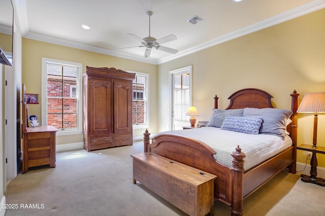 302 River Ranch Blvd, Lafayette, LA 70508 - bedroom with light colored carpet, ornamental molding, multiple windows, a ceiling fan, and recessed lighting