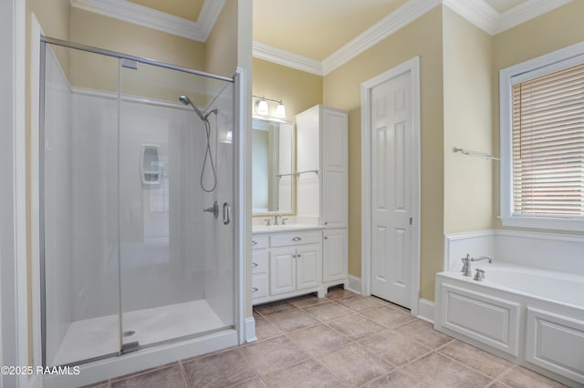 302 River Ranch Blvd, Lafayette, LA 70508 - bathroom featuring a stall shower, vanity, a bath, ornamental molding, and tile patterned floors