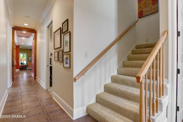 302 River Ranch Blvd, Lafayette, LA 70508 - staircase with ornamental molding, recessed lighting, and tile patterned flooring
