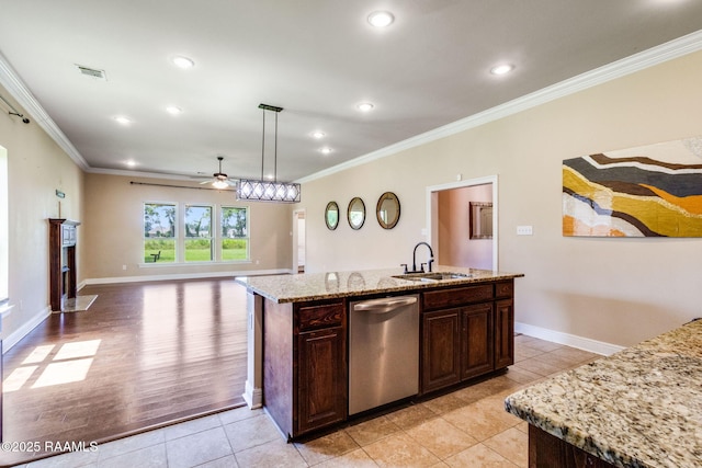 213 Hidden Ridge Dr, Lafayette, LA 70507 - kitchen with stainless steel dishwasher, crown molding, a ceiling fan, recessed lighting, and open floor plan