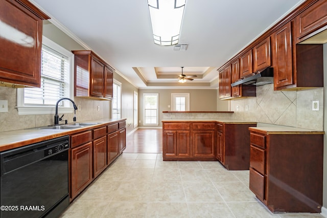 1518 S Patout St, New Iberia, LA 70560 - kitchen featuring dishwasher, under cabinet range hood, a raised ceiling, decorative backsplash, and ceiling fan