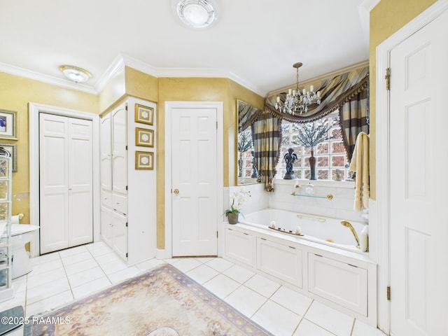 109 Canterbury Rd, Lafayette, LA 70503 - bathroom with a chandelier, tile patterned flooring, a garden tub, crown molding, and a closet