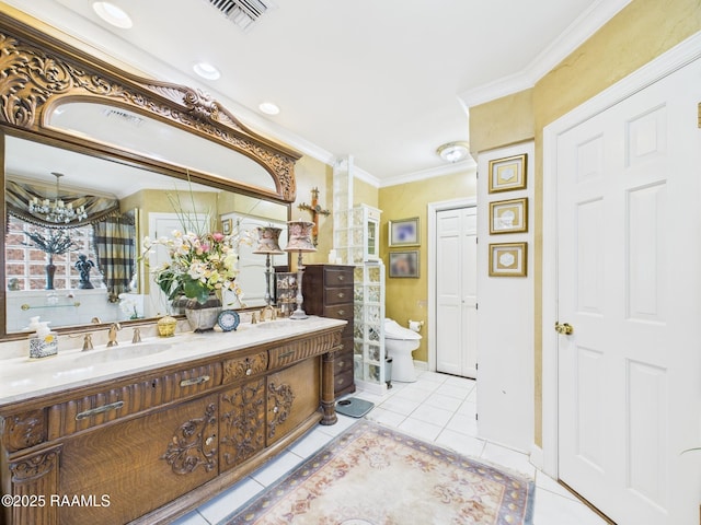 109 Canterbury Rd, Lafayette, LA 70503 - full bath with a chandelier, ornamental molding, double vanity, and tile patterned flooring