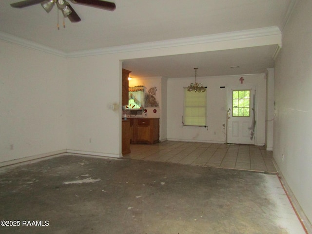 401 Aimee Dr, Carencro, LA 70520 - unfurnished room with ornamental molding, ceiling fan, and a chandelier