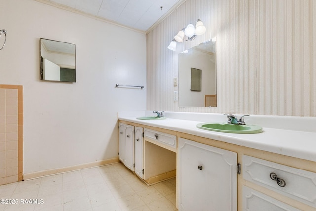 208 W Church St, Opelousas, LA 70570 - full bath featuring crown molding, double vanity, and wallpapered walls