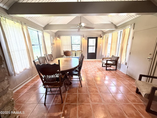 6516 Daspit Rd, New Iberia, LA 70563 - tiled dining space featuring plenty of natural light, wooden ceiling, and a ceiling fan
