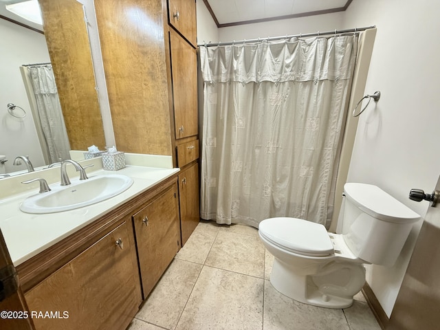 6516 Daspit Rd, New Iberia, LA 70563 - bathroom with vanity, ornamental molding, tile patterned floors, and curtained shower