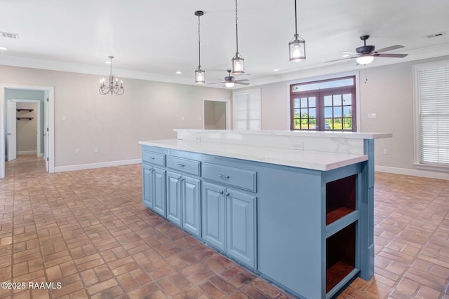 810 Fenetre Rd, Scott, LA 70583 - kitchen with open shelves, a ceiling fan, brick flooring, blue cabinets, and a kitchen island