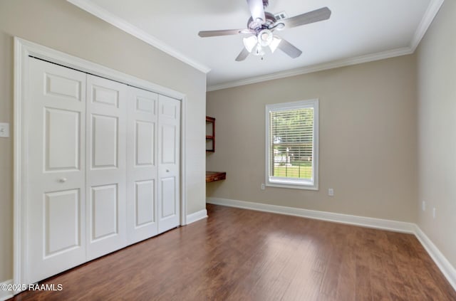 810 Fenetre Rd, Scott, LA 70583 - unfurnished bedroom featuring wood finished floors, crown molding, a closet, and ceiling fan