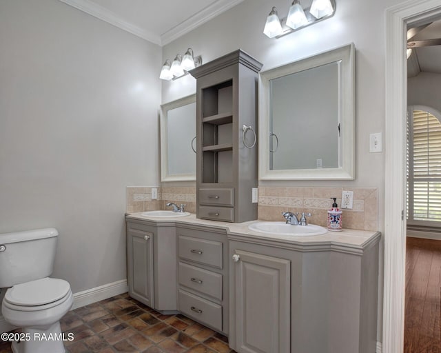 810 Fenetre Rd, Scott, LA 70583 - full bath featuring backsplash, double vanity, and ornamental molding