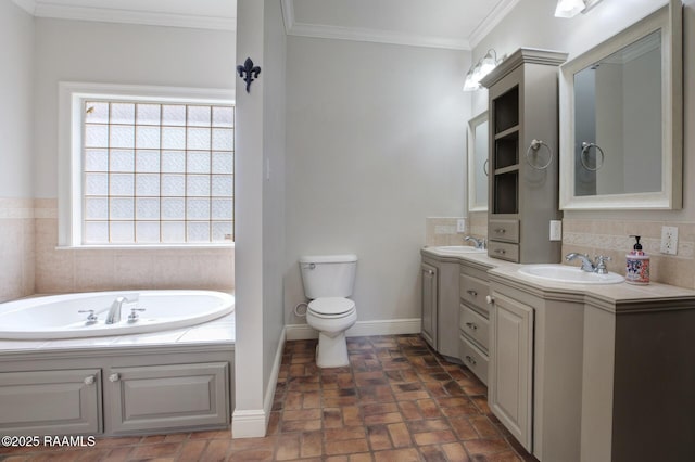 810 Fenetre Rd, Scott, LA 70583 - bathroom with brick flooring, vanity, a bath, crown molding, and decorative backsplash