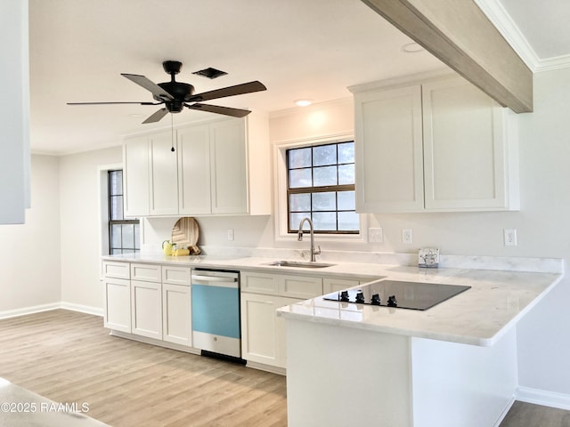 311 Fernway Ln, Duson, LA 70529 - kitchen featuring stainless steel dishwasher, black electric cooktop, a peninsula, light wood-style flooring, and ornamental molding