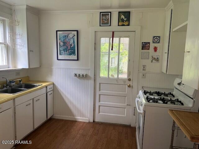 526 E Main St, New Iberia, LA 70560 - kitchen with white gas range, wood finished floors, white cabinets, a decorative wall, and a wainscoted wall